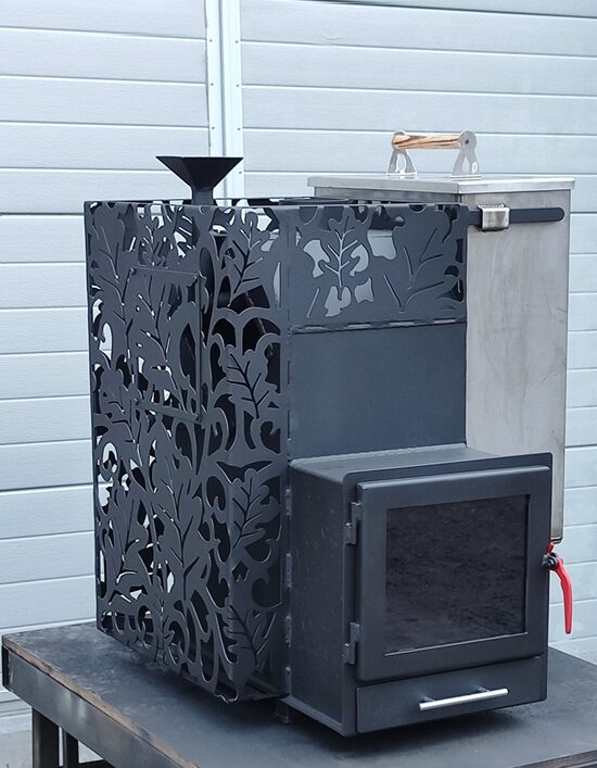 Sauna stove medium with closed stone storage and stainless steel water tank 60l on the right side, glass door, heated from the anteroom